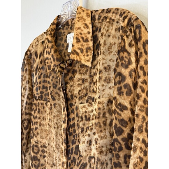 Chico’s 2 (M/L) Leopard Print Sheer Blouse Top Button Down Long Sleeve Pockets - Picture 7 of 10